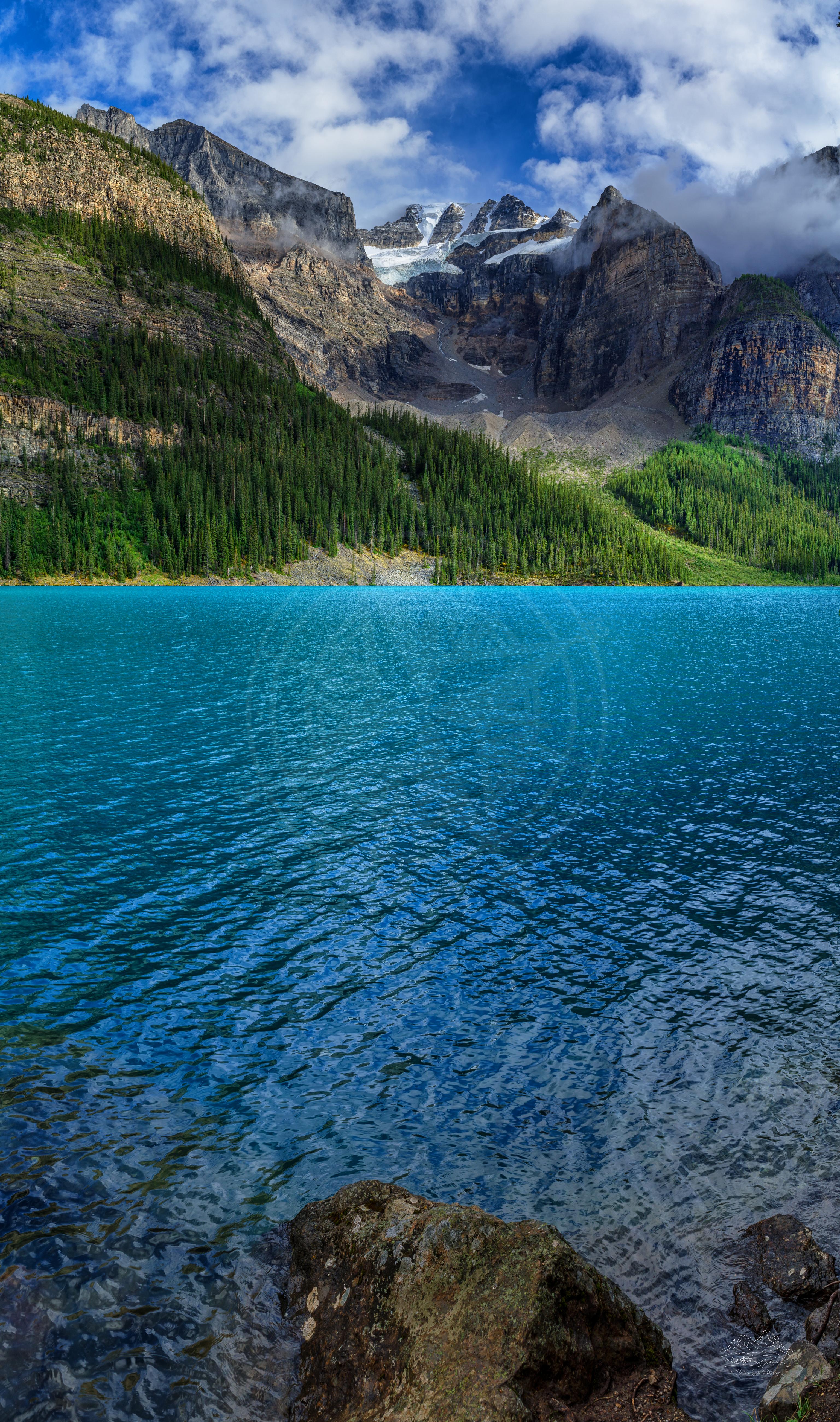 Panoramic Summer Landscape of Moraine Lake at Larch Valley Trail