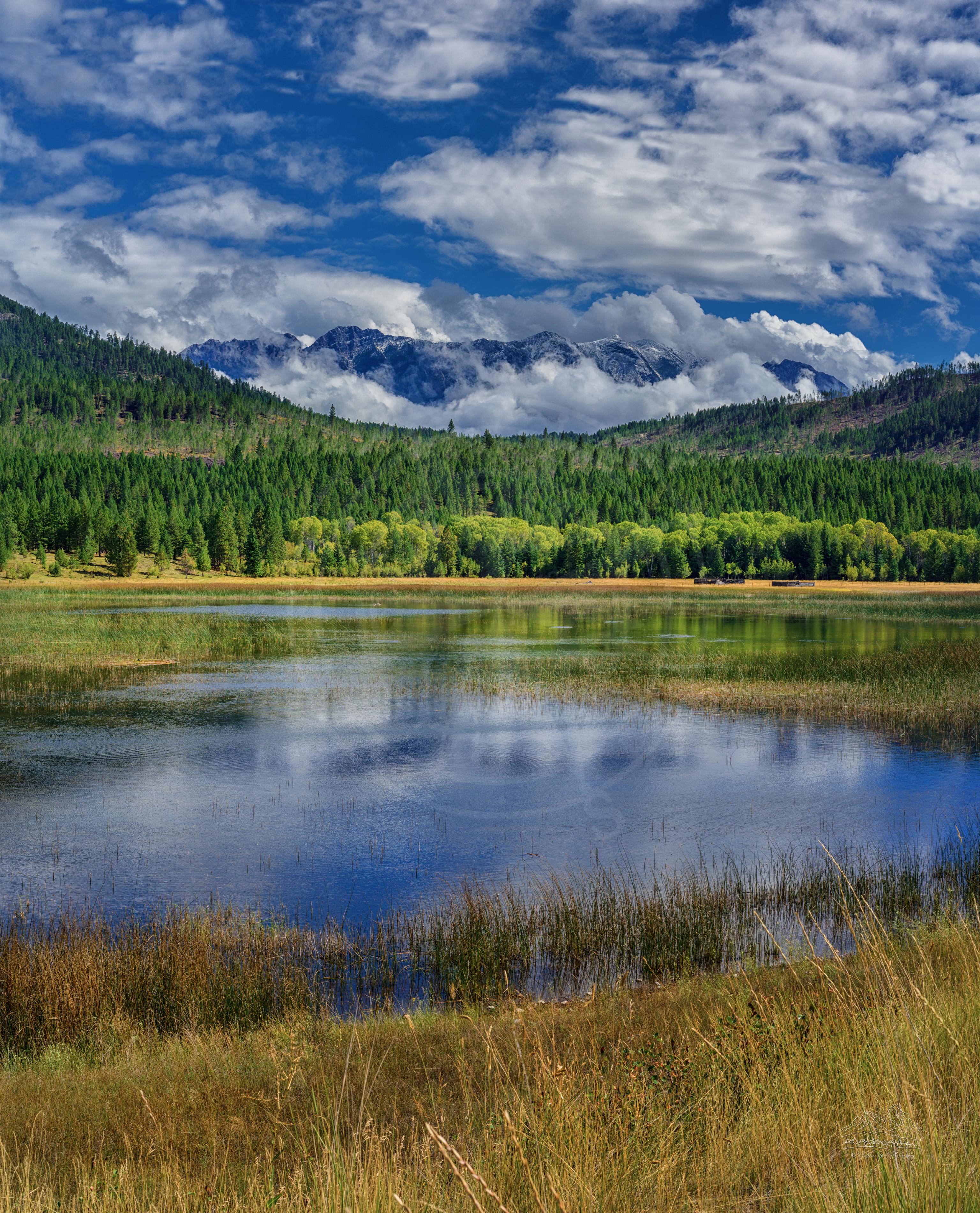 Autumn Panoramic View of Mountain Lake along Kootenay-Columbia Highway
