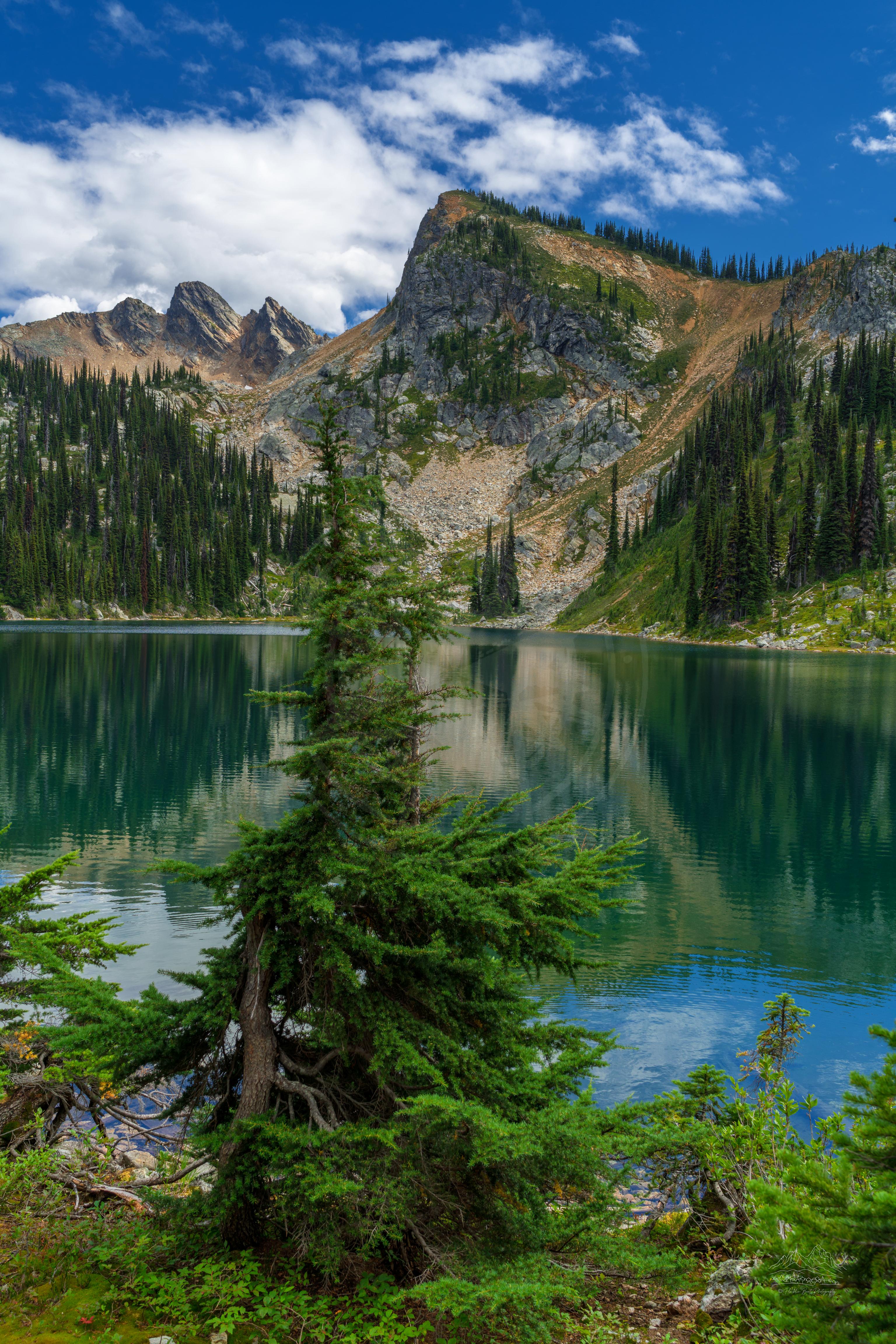 Panoramic Summer View of Mountain Lake on First Footsteps Trail, British Columbia