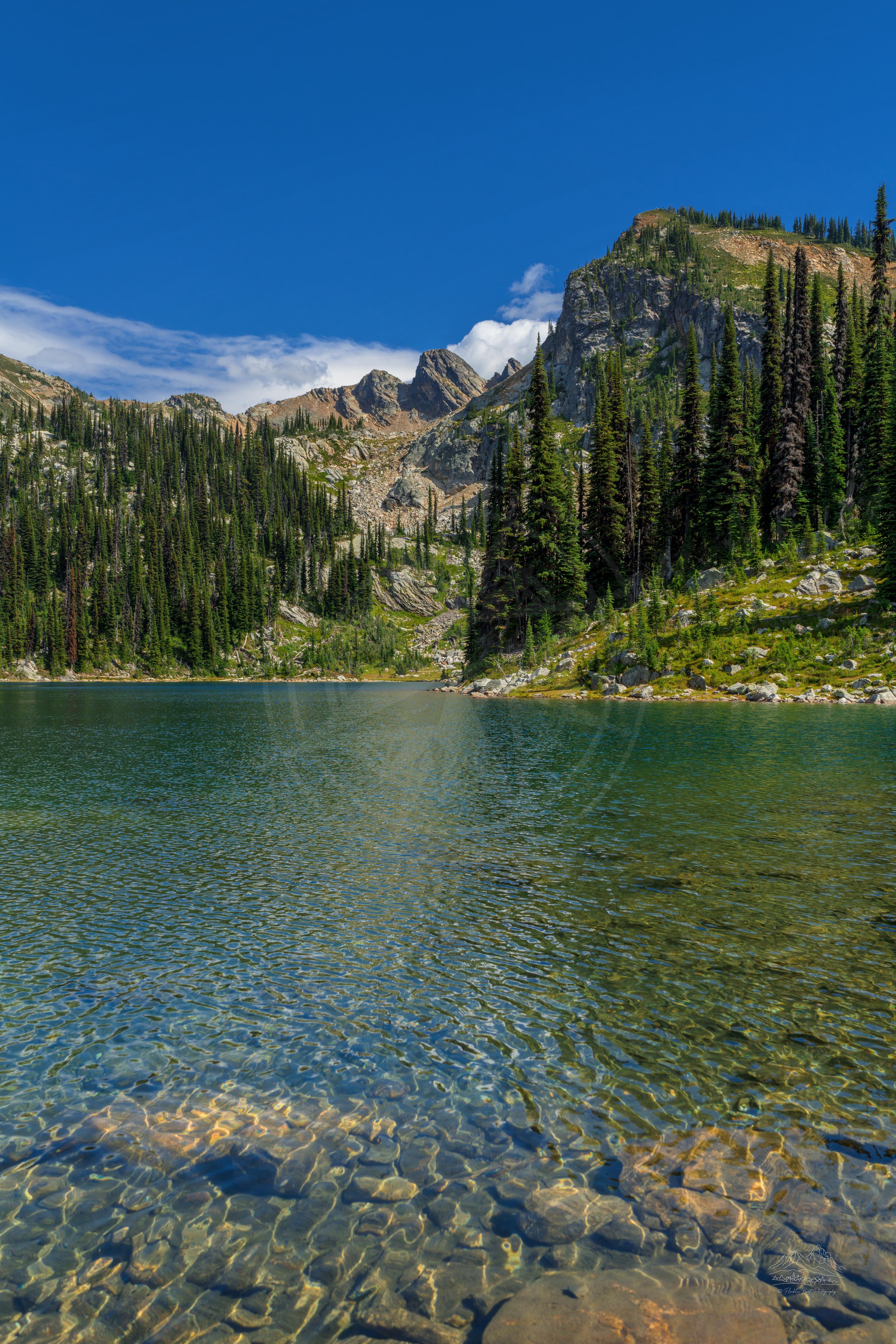 Panoramic Summer View of Mountain Lake on First Footsteps Trail, British Columbia