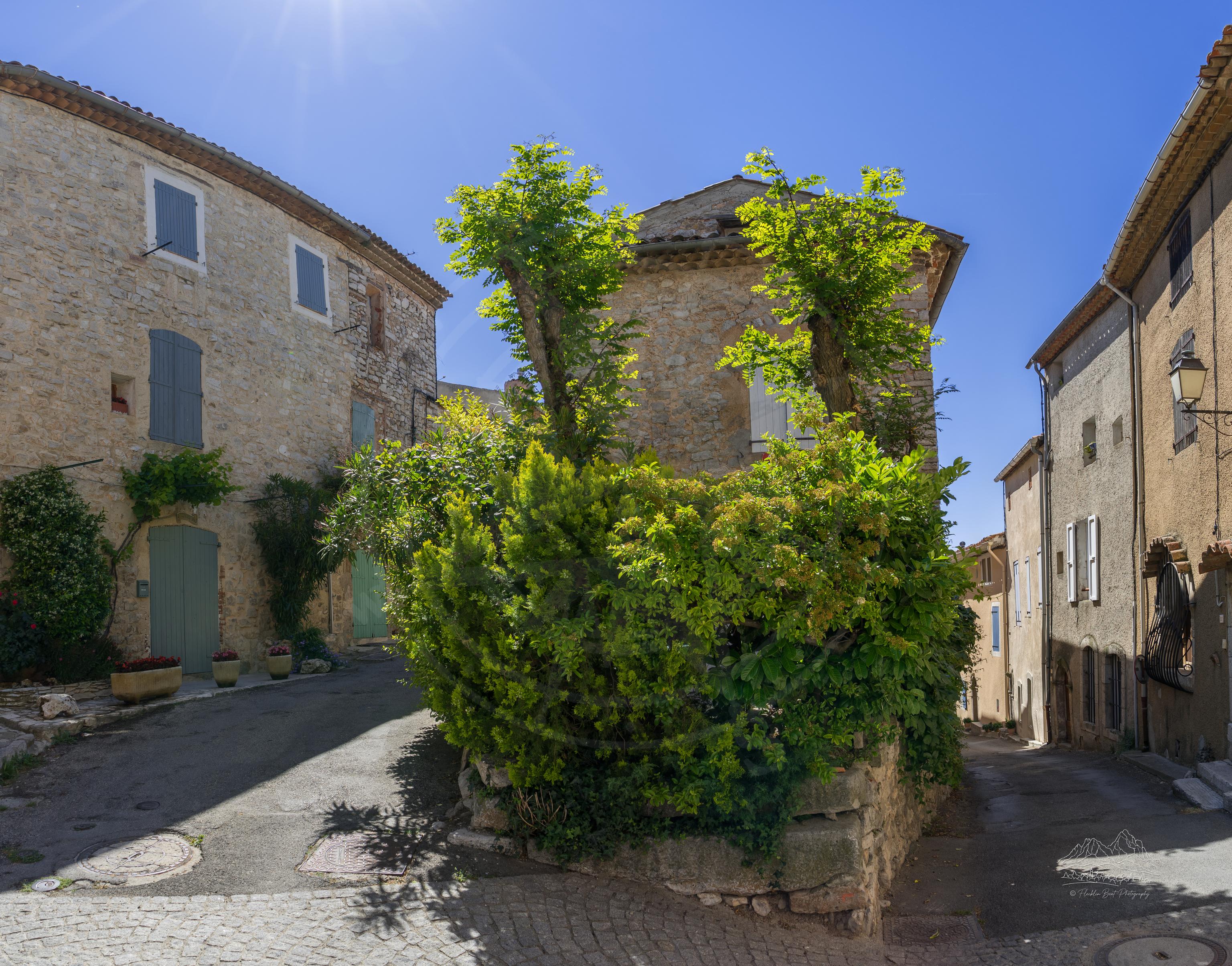 Panoramic Mountain View and Historic Village Street in Saint-Julien, Provence in Spring