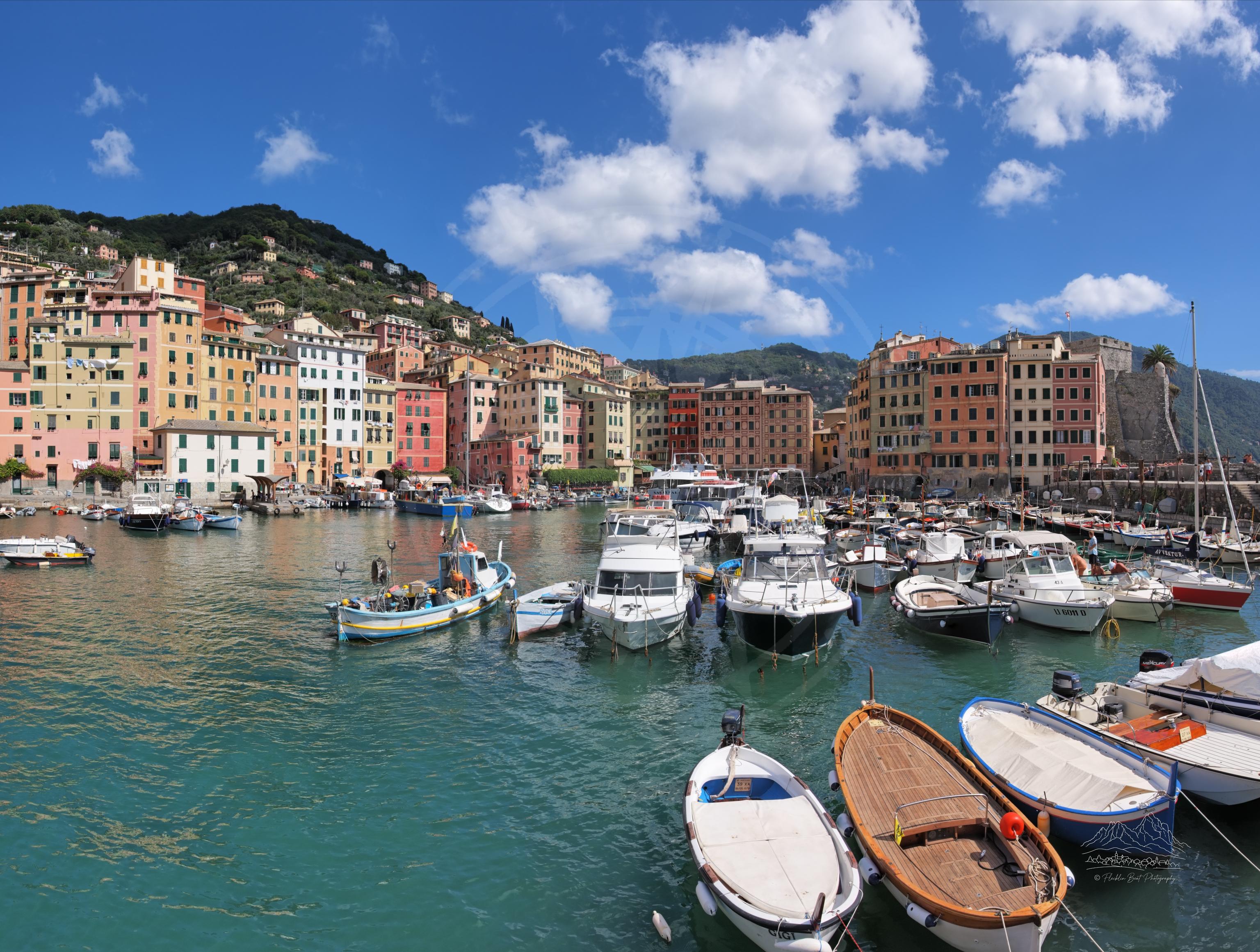 Sommerpanorama des Hafens von Camogli mit Booten und Küstenhäusern