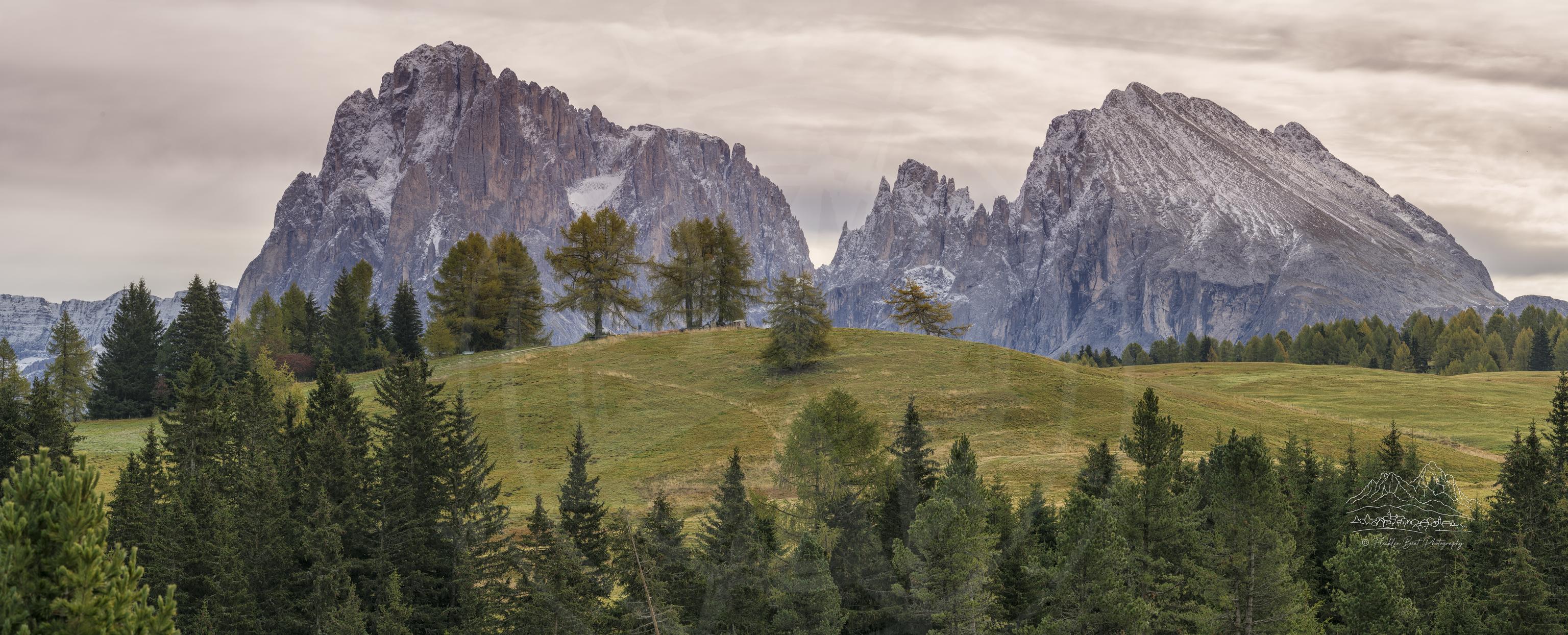 Herbstpanorama der Dolomiten-Landschaft auf der Seiser Alm, Südtirol