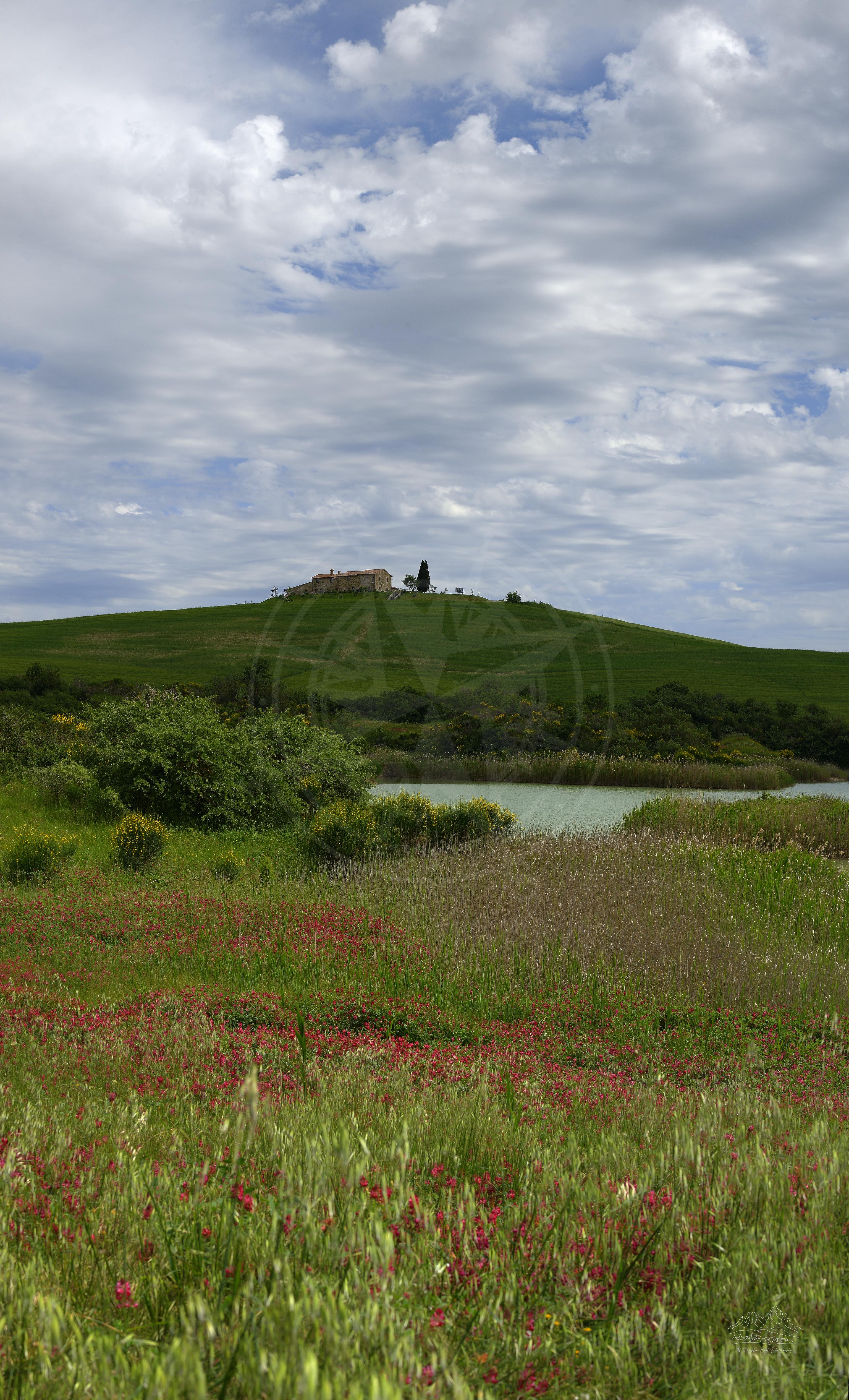 Panoramische Frühlingslandschaft mit Ackerland bei Pienza, Toskana, Italien