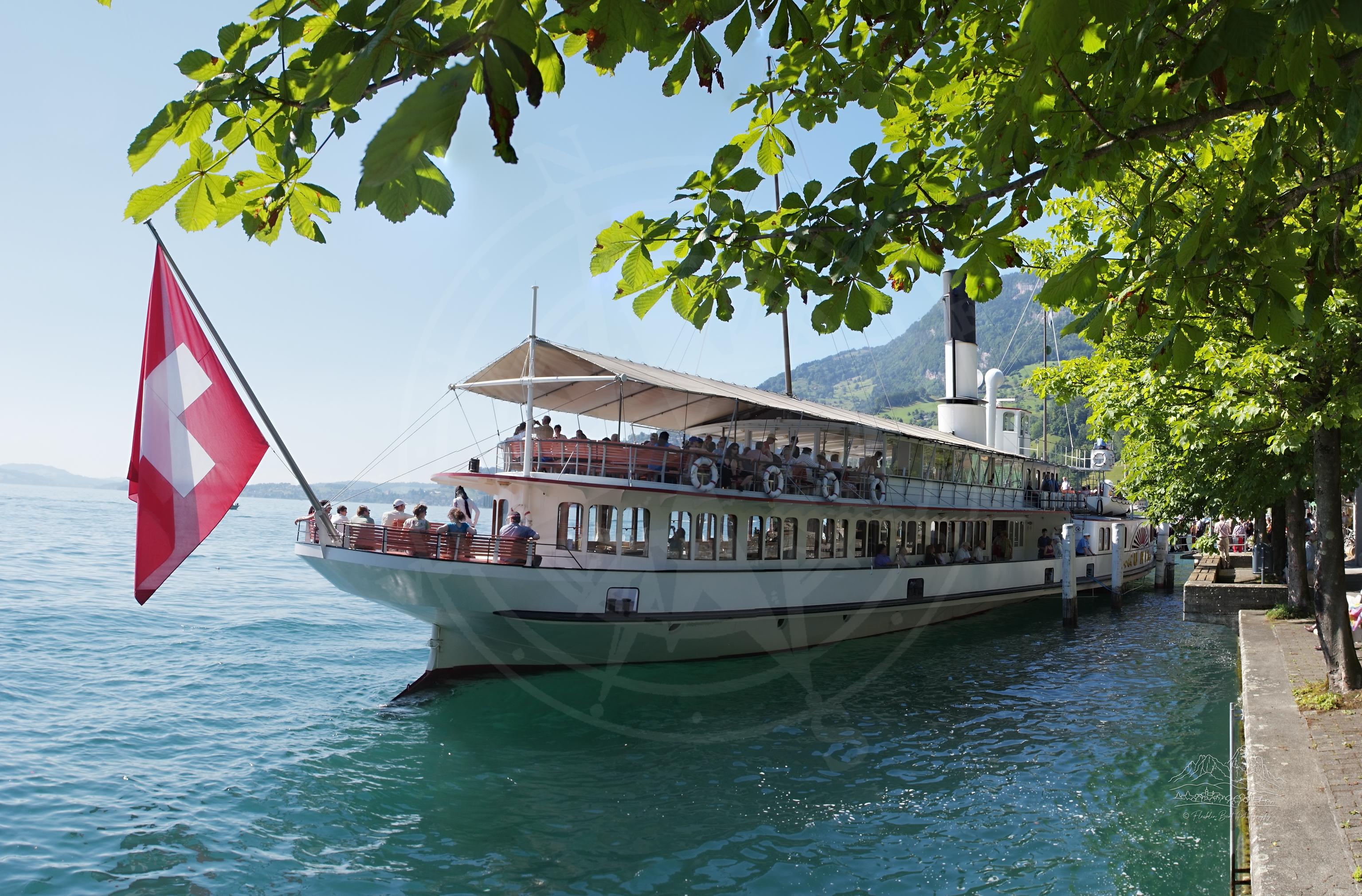 Panoramablick im Sommer auf den Vierwaldstättersee mit Boot in Vitznau, Luzern