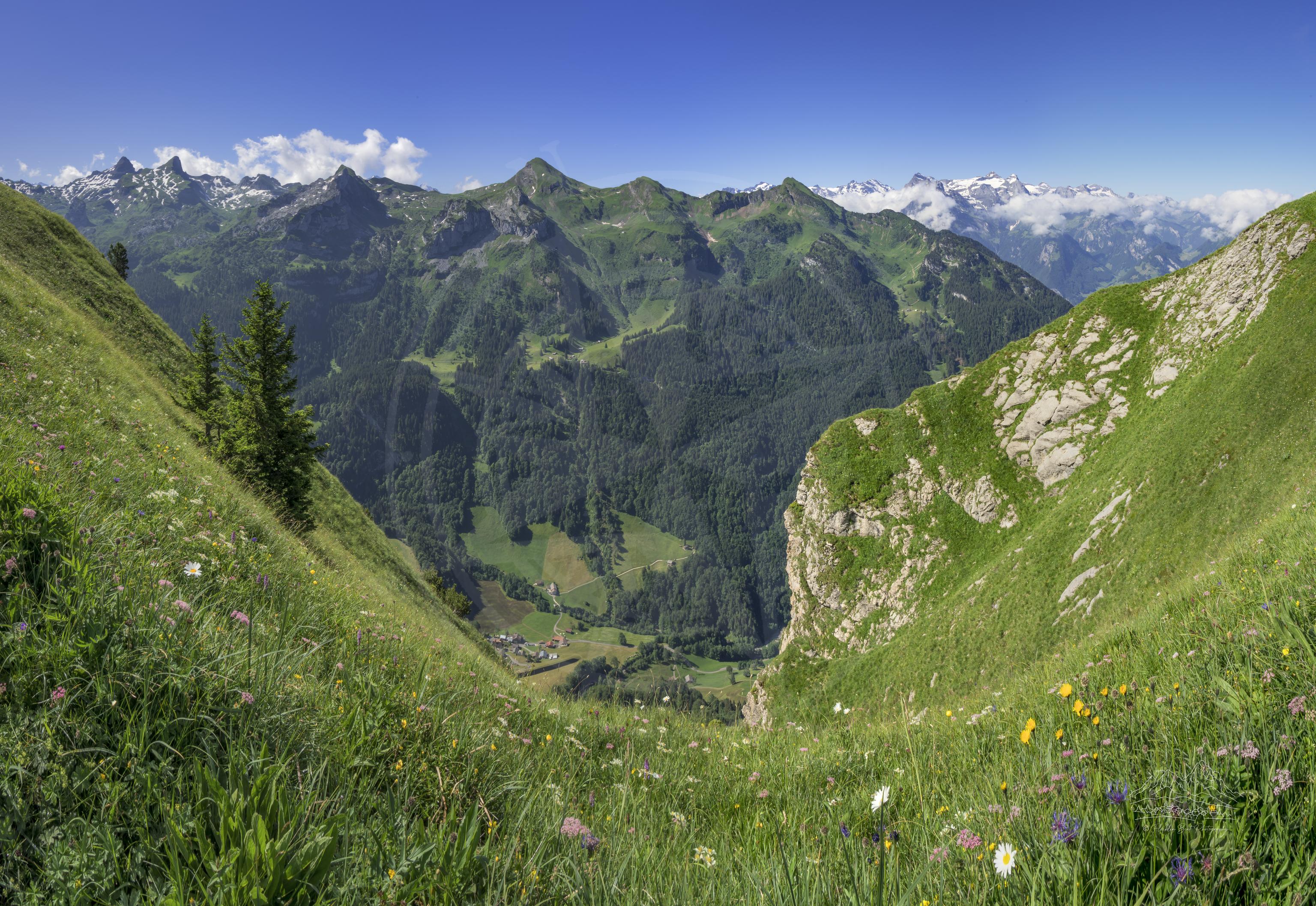Sommer-Panorama vom Aussichtspunkt Grossgehren in Fronalp, Schwyz, Schweiz