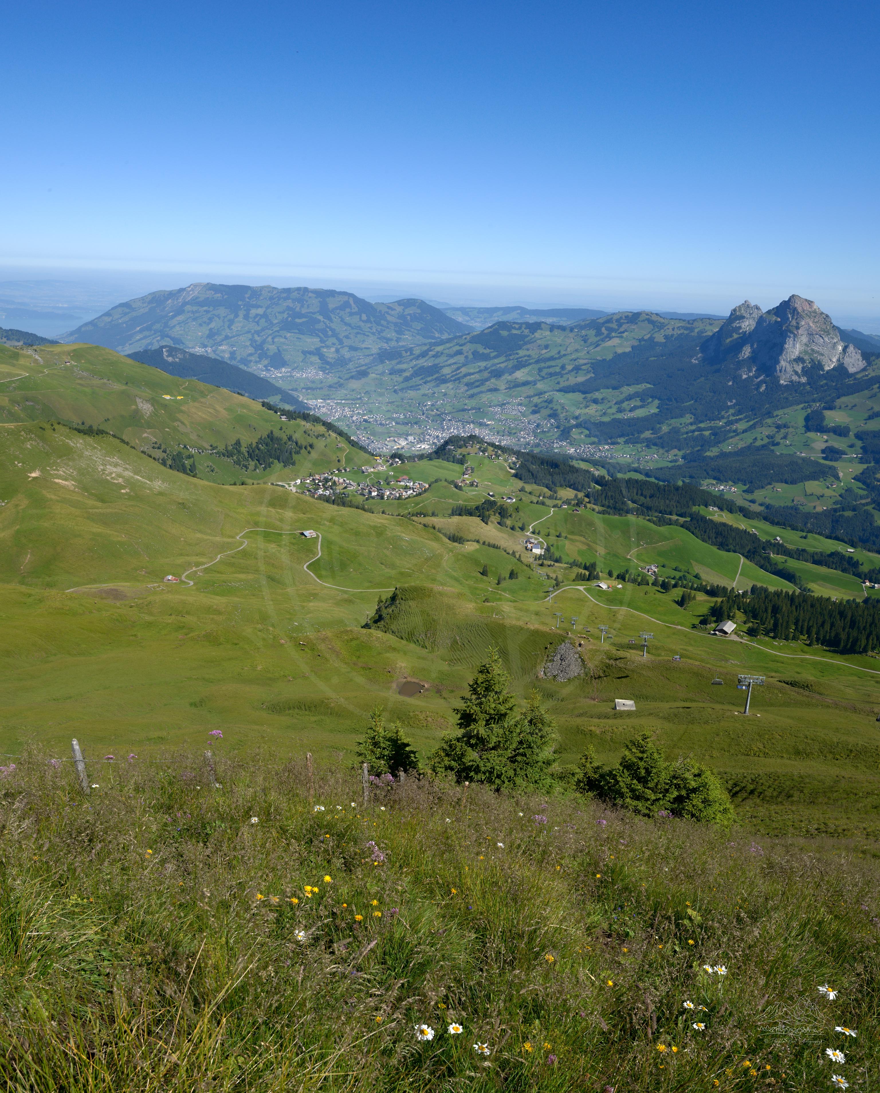 Sommerpanorama vom Aussichtspunkt Obere Stapfen in Schwyz, Schweiz