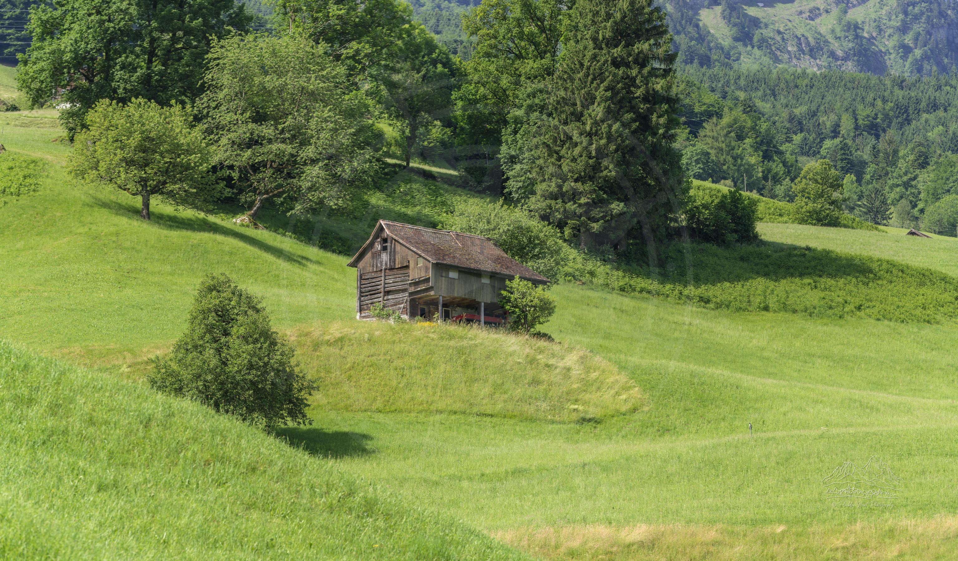 Sommerpanorama von Ackerland und Bergkette in Lauerz, Schwyz, Schweiz
