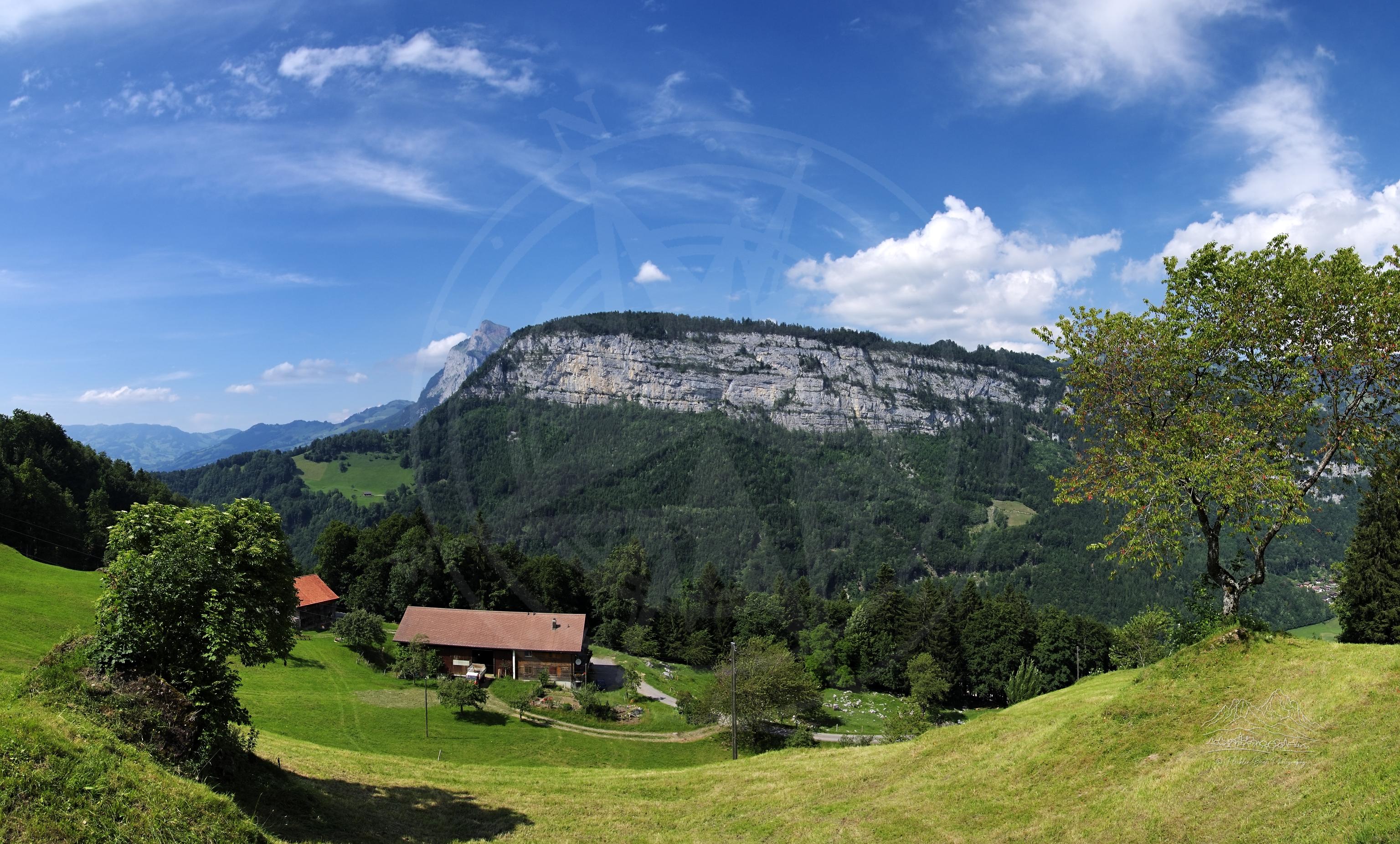 Panoramaansicht im Sommer entlang der Stoosstrasse in Muotathal, Schwyz, Schweiz