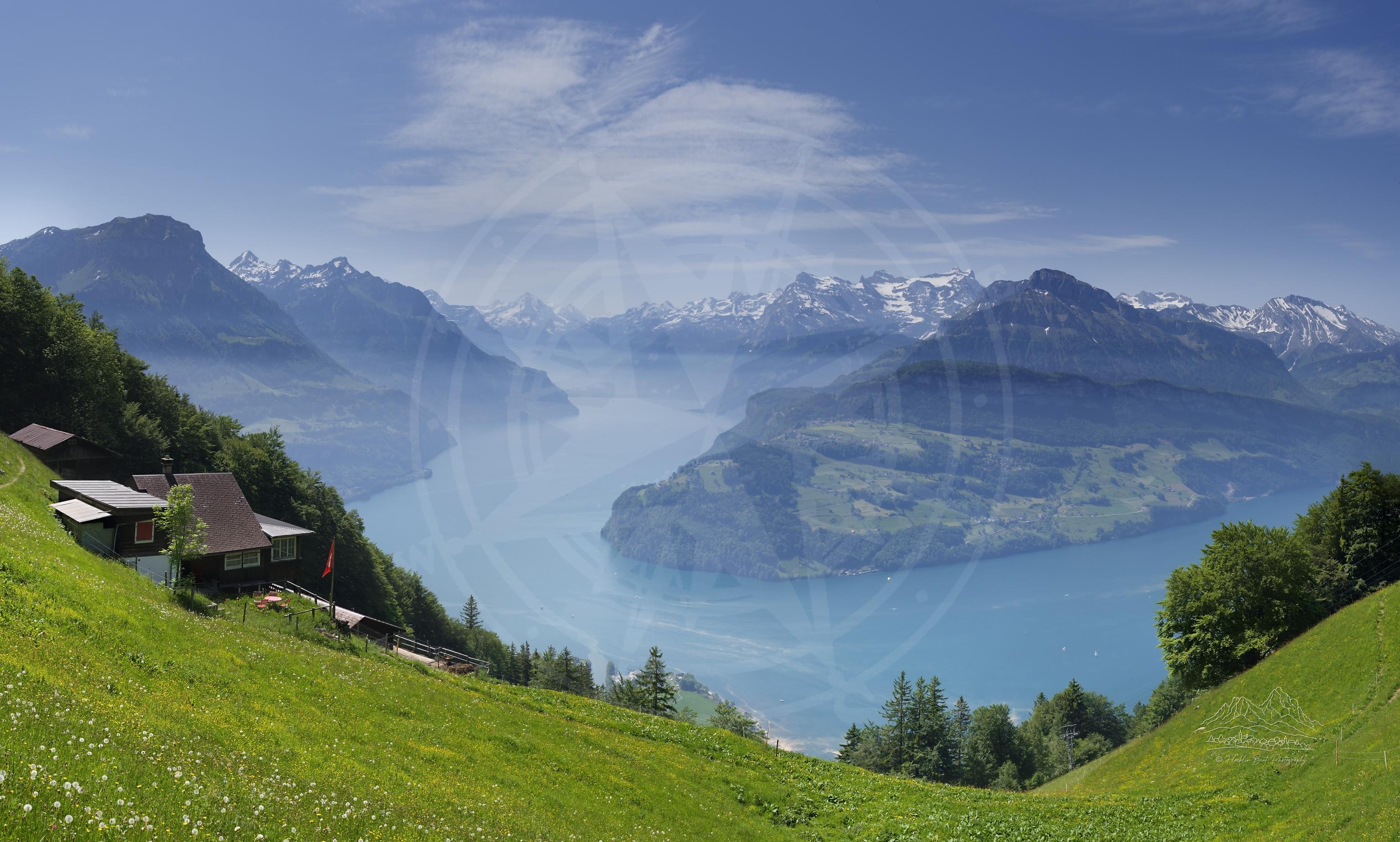 Frühlingspanorama vom grünen Hang in Urmiberg, Schwyz, Schweiz