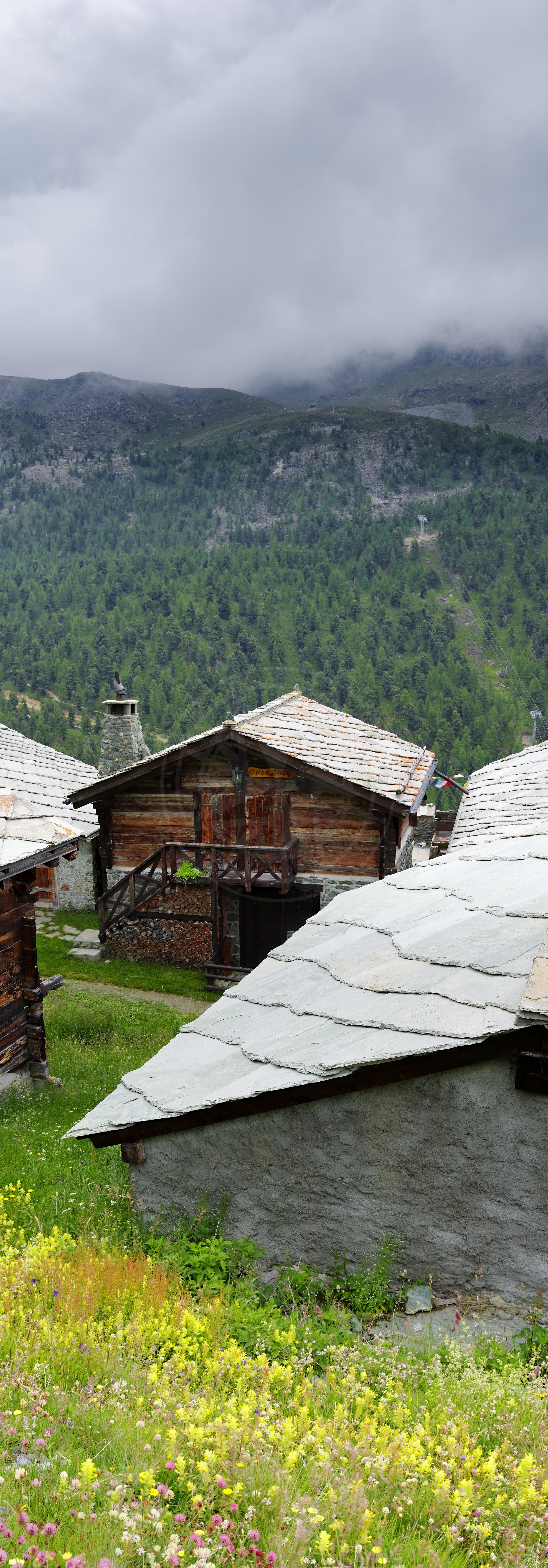 Panoramablick auf das Dorf Findeln im Sommer im Tal bei Zermatt, Schweiz