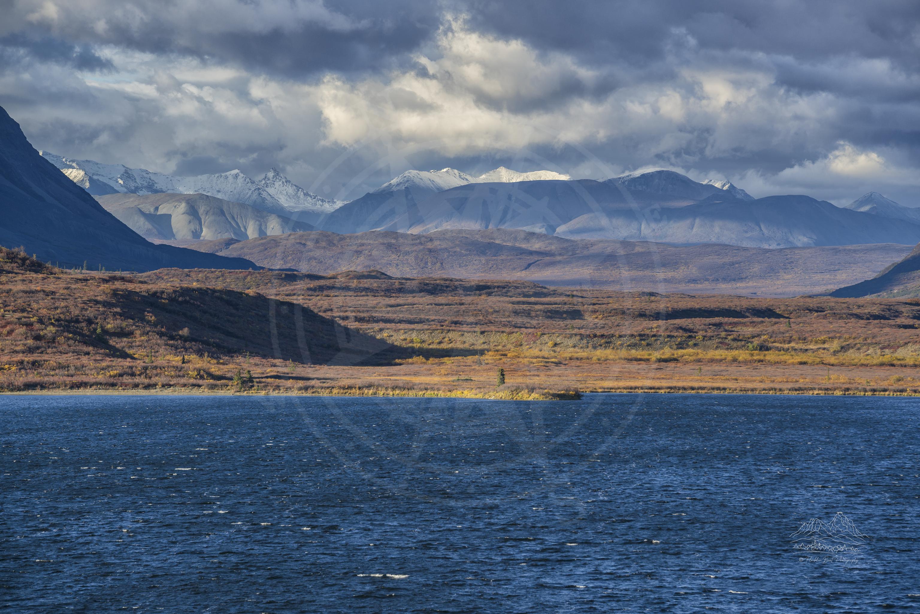 Paesaggio panoramico autunnale con lago e isola lungo Denali Highway Alaska