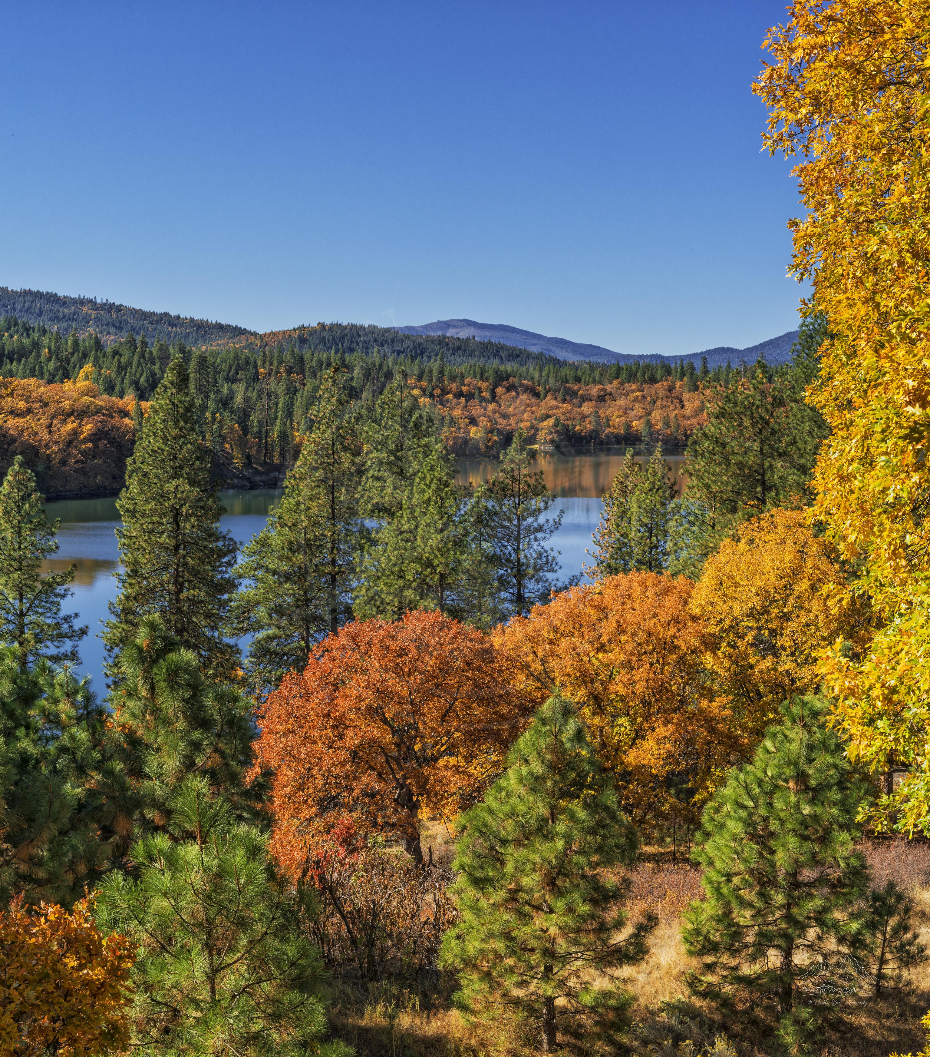 Panorama autunnale di Manzanita Lake dal Manzanita Lake Trail in California