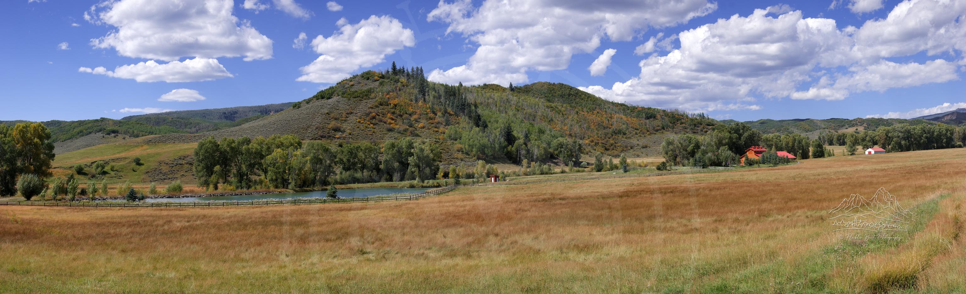 Herbstpanorama mit Wiese und Bergwald an der County Road 265, Colorado